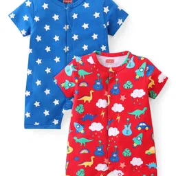 Babyhug 100% Cotton Knit Half Sleeves Rompers with Star & Dino Print Pack of 2- Red & Blue-picture-26