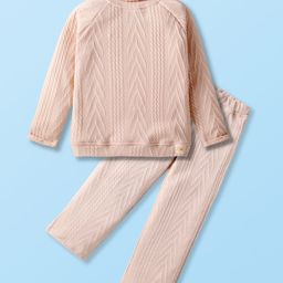 Little Kangaroos Fleece Knit Full Raglan Sleeves Chevron DesignedWinter Wear Sweatshirt with Turtle Neck & Joggers Set - Beige-image-58