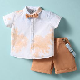 ToffyHouse Poplin Woven Half Sleeves Tie & Dye Shirt & Shorts Set with Bow & Suspender - White & Light Brown-picture-46