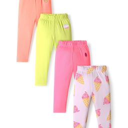 Bonfino 100% Cotton Knit Full Length Leggings with Ice Cream & Hearts Embroidery Pack of 4 - Lavender Orange Green & Pink-image-52