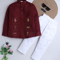 BAATCHEET Cotton Full Sleeves Warli Art Embroidered Kurta & Pant Set - Maroon-picture-16