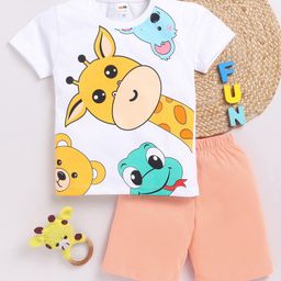 Little Ninja Cotton Half Sleeves Baby Animals Printed Tee & Shorts Set - Multi Colour-image-49