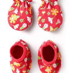 Babyhug 100% Cotton Interlock Knit Mittens & Booties With Floral Print - Red-image-68