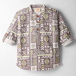 Rikidoos Full Sleeves Abstract Printed Kurta Style Shirt - Grey & Brown-image-91
