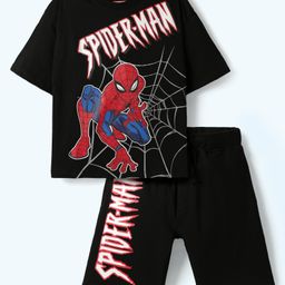 Pine Kids Marvel Single Jersey Knit Half Drop Shoulder Sleeves T-Shirt & Shorts Set With Spider-Man Graphics - Black-image-35