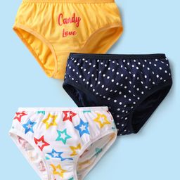 Babyhug 100% Cotton Single Jersey Knit Panties With Polka Dots & Star Print Pack Of 3 - Navy Blue Yellow & White-image-79