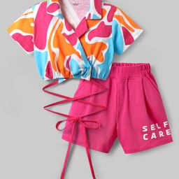 OLLINGTON ST. Cotton Knit Half Sleeves Abstract Print Top & Knit Shorts - Dark Pink-image-37