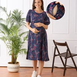 Bella Mama Woven Half Sleeves Floral Printed Maternity Dress - Navy Blue-picture-13