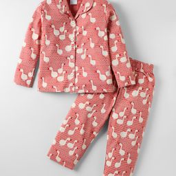 Ollypop Sinker Knit Full Sleeves Co-Ord Night Suit With Duck Print - Rust Orange-image-52