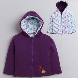 BUMZEE Interlock Knit Full Sleeves Hooded Reversible Jacket With Bird Print & Embroidery - Purple & White-picture-7