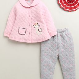 Bumzee Knit Full Sleeves Collared Winter Wear Set with Unicorn Print - Pink & Grey-picture-44
