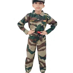 BookMyCostume Cotton Blend Woven Independence Day Theme Full Sleeves Indian Army Costume Set - Green-picture-28