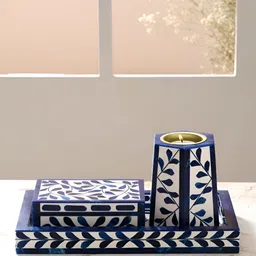 Ritualistic 3-Pcs Blue & White Printed Wooden Bakhoor Set Pooja Essentials-4