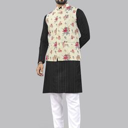 Leipzig Fashion Striped Mandarin Collar Straight Kurta With Pyjamas And Nehru jacket-image-78