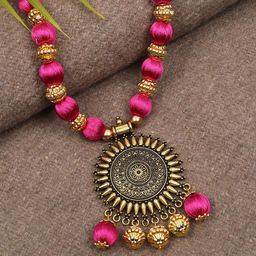 AKSHARA Red & Gold-Toned Handmade Silk Thread Necklace-image-10