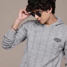 The Roadster Lifestyle Co. Pure Acrylic Self-Striped Hooded Pullover with Applique Detail-picture-20