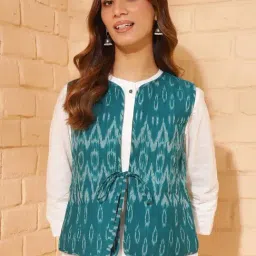 Fabindia Teal Cotton Ikat Woven Jacket-image-60