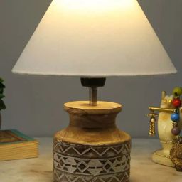 Homesake White & Beige Wood Pot-Shaped Table Lamp With Fabric Shade-1