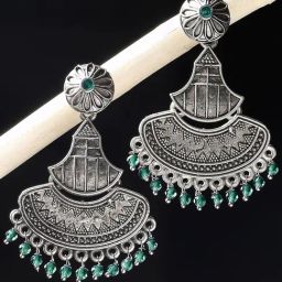 Oomph Jewellery Oxidized Silver Ethnic Silver Look Alike Green Beads Dangler Earrings-25
