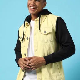 Campus Sutra Yellow & Black Cotton Regular Fit Colour Block Hooded Jacket-image-97