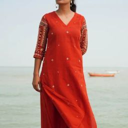 Okhai Orange Pure Cotton Hand Embroidered Kurti-image-36