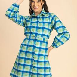 Moomaya Blue & Green Cotton Checks Shirt Dress-image-40