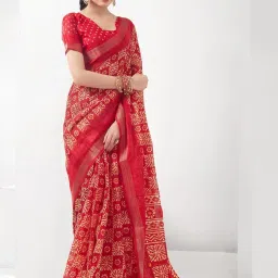 Satrani Red Geometric Print Saree With Unstitched Blouse image 3