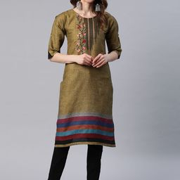 Cottinfab Women Mustard Yellow Floral Yoke Design Kurta-33