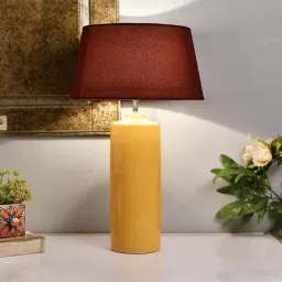 Homesake Yellow Ceramic Tube Shaped Table Lamps with Red Shade - Set of 2-image-8