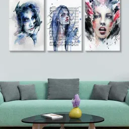 999Store White & Blue Women's Face Art 3 Frame Canvas Paintings-43
