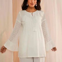 Libas White Cotton Embroidered A Line Short Kurti-24