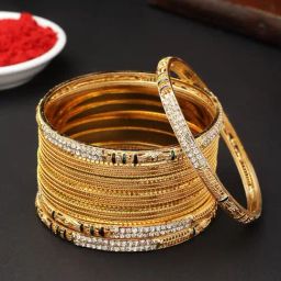 Zeneme Gold Plated Brass Textured Daily Wear Golden Bangles for Women Set of 8-28