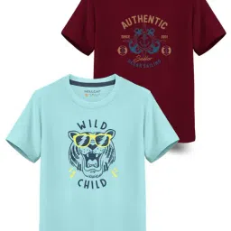 HELLCAT Kids Bugundy & Blue Printed T-Shirt (Pack Of 2)-picture-28
