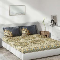 DDecor Grey & Brown Cotton 136 TC Queen Size Bedsheet With Pillow Covers-image-42