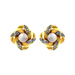 BIS Hallmarked 14k Yellow Gold 3d Floral Stud Earrings with Pearl & Stone Design for Women & Girls-image-19