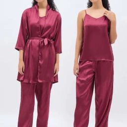 Clovia Maroon Satin Regular Fit Night Suit-image-45