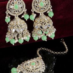 Karatcart Gold-Plated Mirror & Light Green Bead Studded Drop Shape image 3
