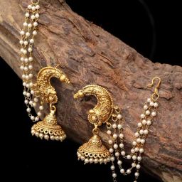 Panash Gold Plated Beaded Jhumki Earrings with Ear Chains-91