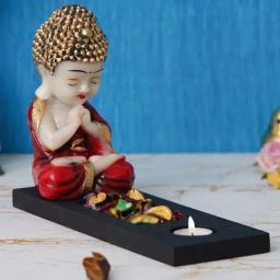 eCraftIndia Red with Black Polyresin Praying Monk Showpiece with Fragnanced Petals and Tealight-11
