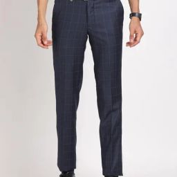 Turtle Navy Rayon Slim Fit Chequered Trousers-image-97