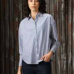 High Star Blue & White Cotton Striped Oversized Shirt-picture-23