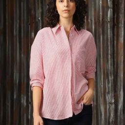 High Star Pink & White Cotton Striped Oversized Shirt-image-18