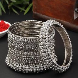 Zeneme Silver Plated Oxidised CZ Stone Studded Broad Bangles for Women Set of 14-18