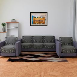 RUBOXA Grey & Off White Printed Velvet Sofa Cover-image-75