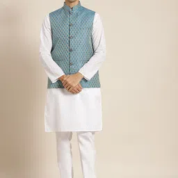 SOJANYA Men White Chikankari Pure Cotton Kurta with Churidar & Nehru Jacket-image-84