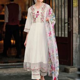 Indo Era White Embroidered Kurta With Pant & Dupatta-image-47