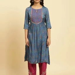 W Blue Printed A Line Kurta-image-46