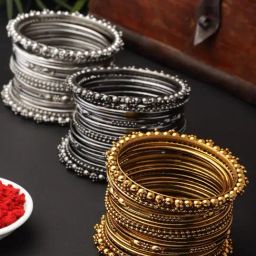 Zeneme Silver Gold & Black Toned Oxidised Bangles for Women Set of 60-14