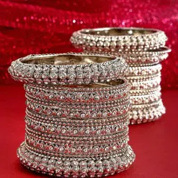 Zeneme Silver Plated Oxidised CZ Stone Studded Broad Bangles for Women Set of 28-image-70