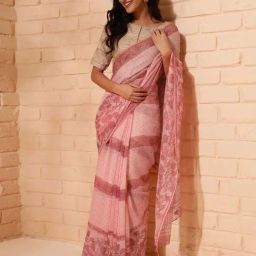Fabindia Peach Cotton Silk Hand Block Printed Sari-picture-12